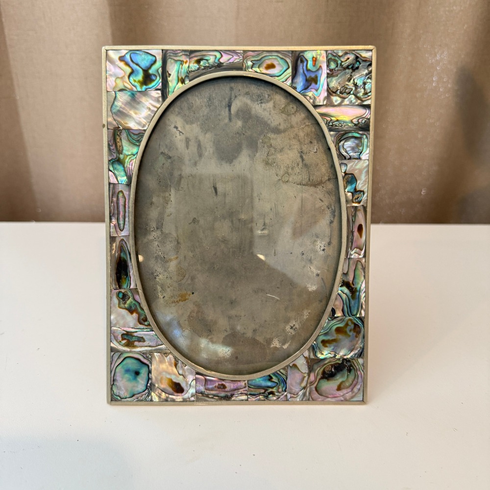 Vintage Abalone Shell Mosaic Photo Frame Oval Opening Brass Back Iridescent